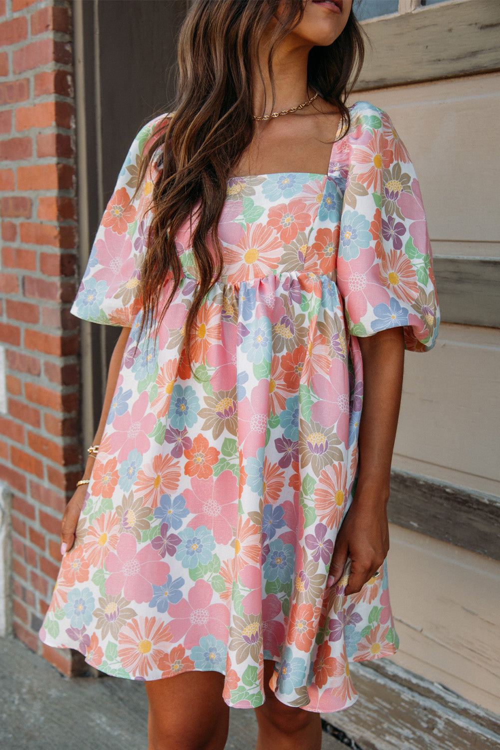 Rose Summer Floral Square Neck Puff Sleeve Babydoll Dress