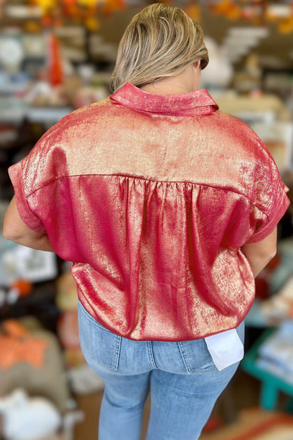 Rose Red Plus Size Metallic Sheen Short Sleeve Button Up Shirt