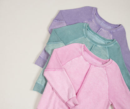 Pink Solid Waffle Knit Patchwork Raglan Sleeve Sweatshirt