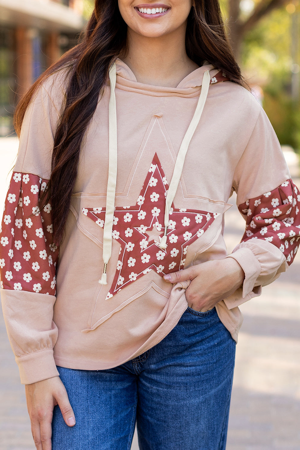 Delicacy Floral Patchwork Star Pattern Drawstring Hoodie