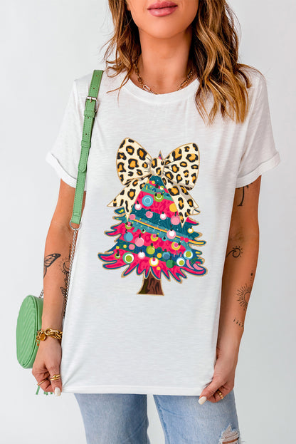 White Leopard Bow Décor Christmas Tree Graphic Crew Neck Tee