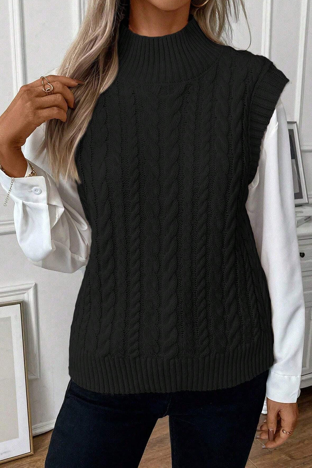 Oatmeal Cable Knit High Neck Sweater Vest