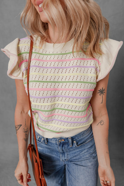 Oatmeal Colorful Striped Eyelet Knit Ruffled Sleeve Sweater T Shirt