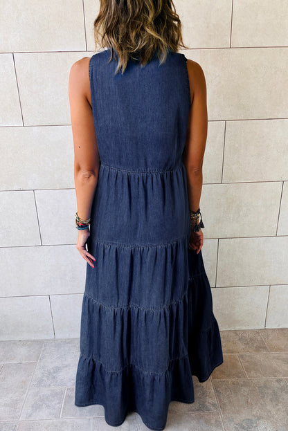 Real Teal Sleeveless Tiered Chambray Maxi Dress