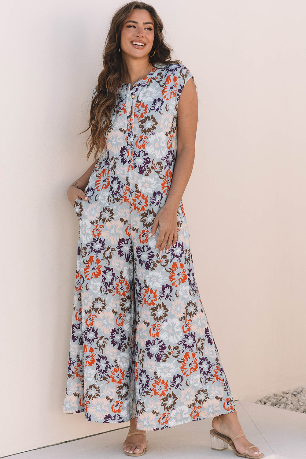 Sky Blue Floral Sleeveless Buttoned Pocketed Wide Leg Jumpsuit