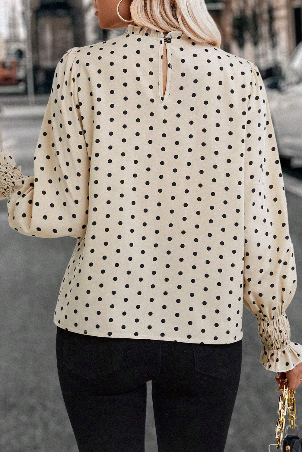 Apricot Polka Dot Print Frilled Collar Lantern Sleeve Blouse