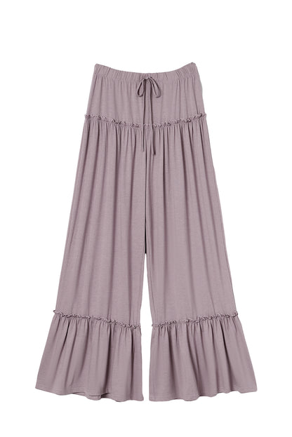 Khaki Frilled Drawstring High Waist Wide Leg Pants