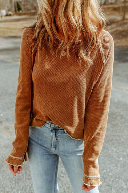 Apricot Pink Textured Round Neck Long Sleeve Top