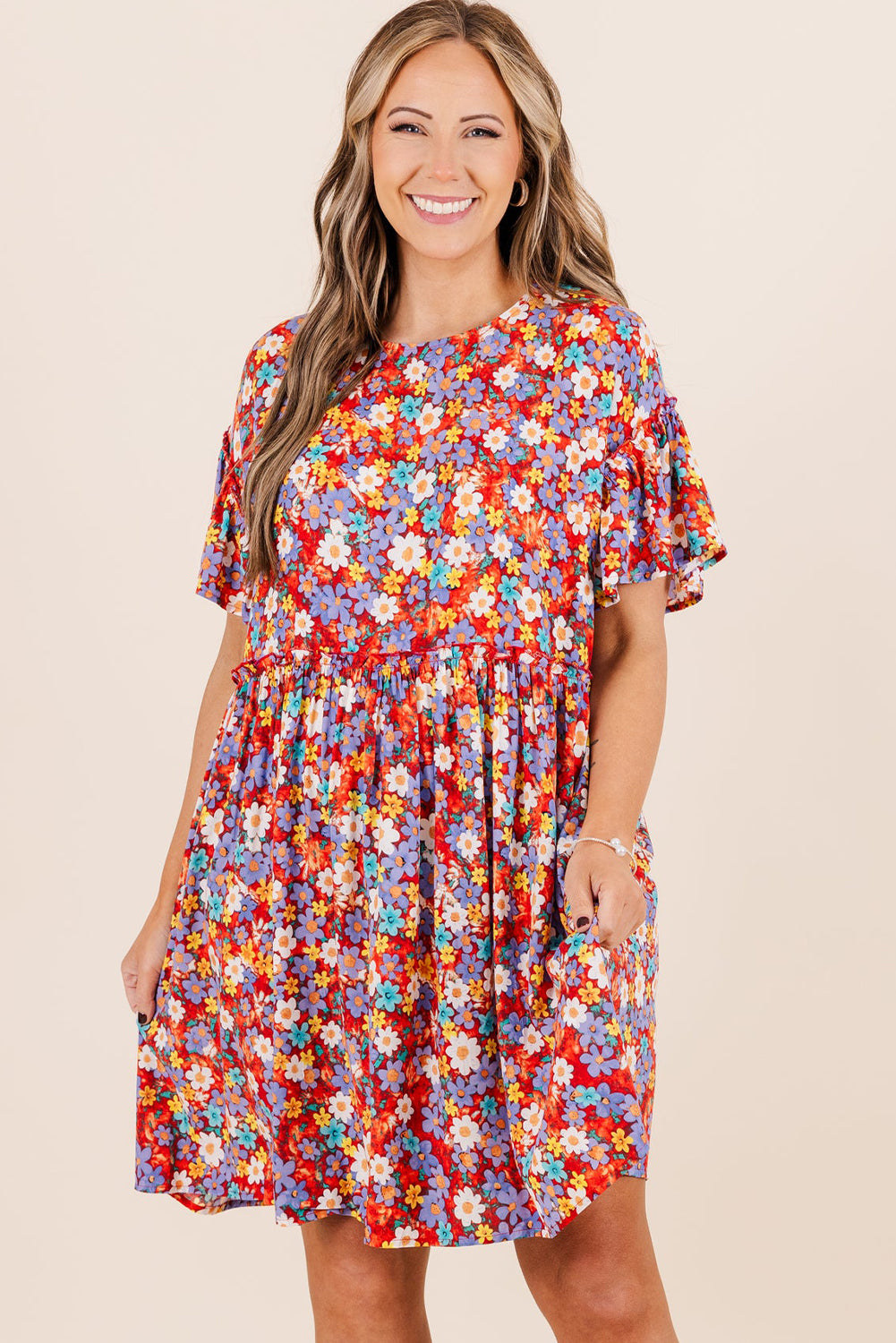 Red Dainty Flower Printed Plus Size Short Sleeve Shift Dress