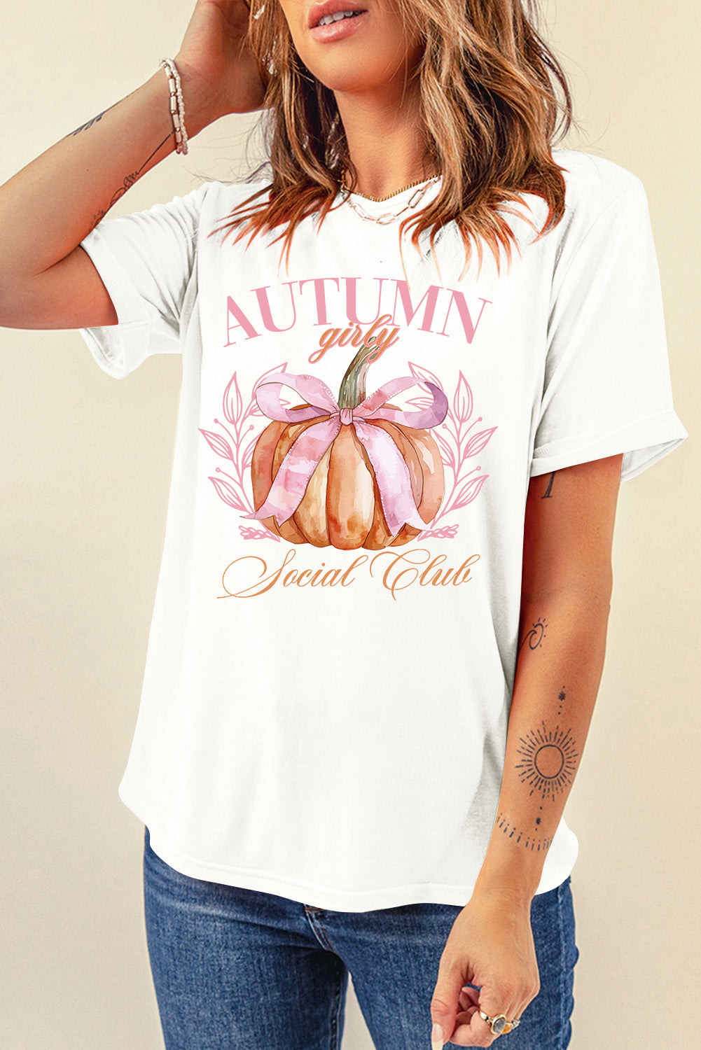 White Autumn Girly Thanksgiving Bowknot Pumpkin Graphic T Shirt