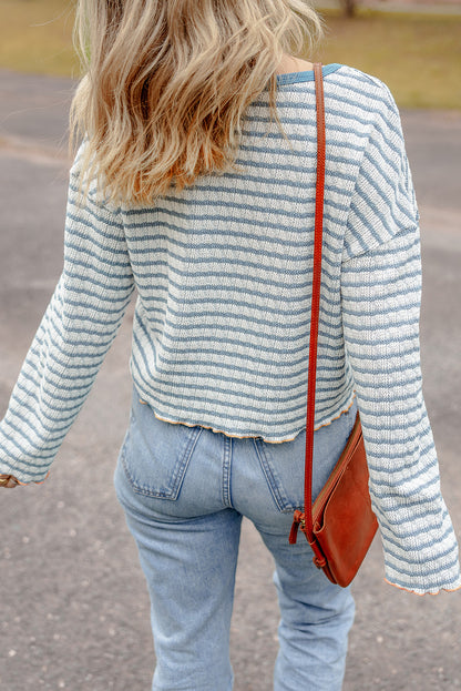 Sky Blue Stripe Textured Frilly Trim Buttons Henley Long Sleeve Top