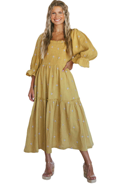 Yellow Printed Boho Ruffled Bracelet Sleeve Smocked Textured Midi Dress