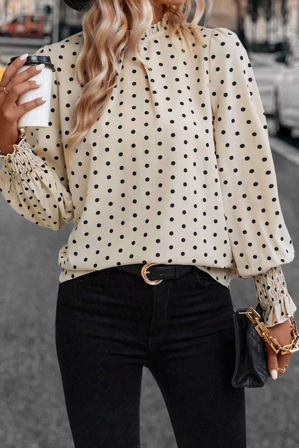 Apricot Polka Dot Print Frilled Collar Lantern Sleeve Blouse