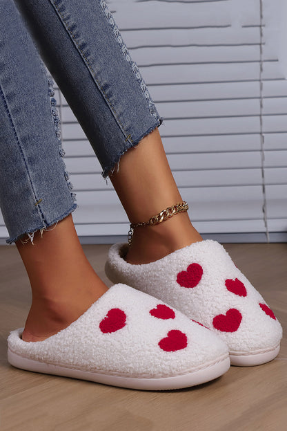 White Valentines Day Hearts Print Plush House Slippers