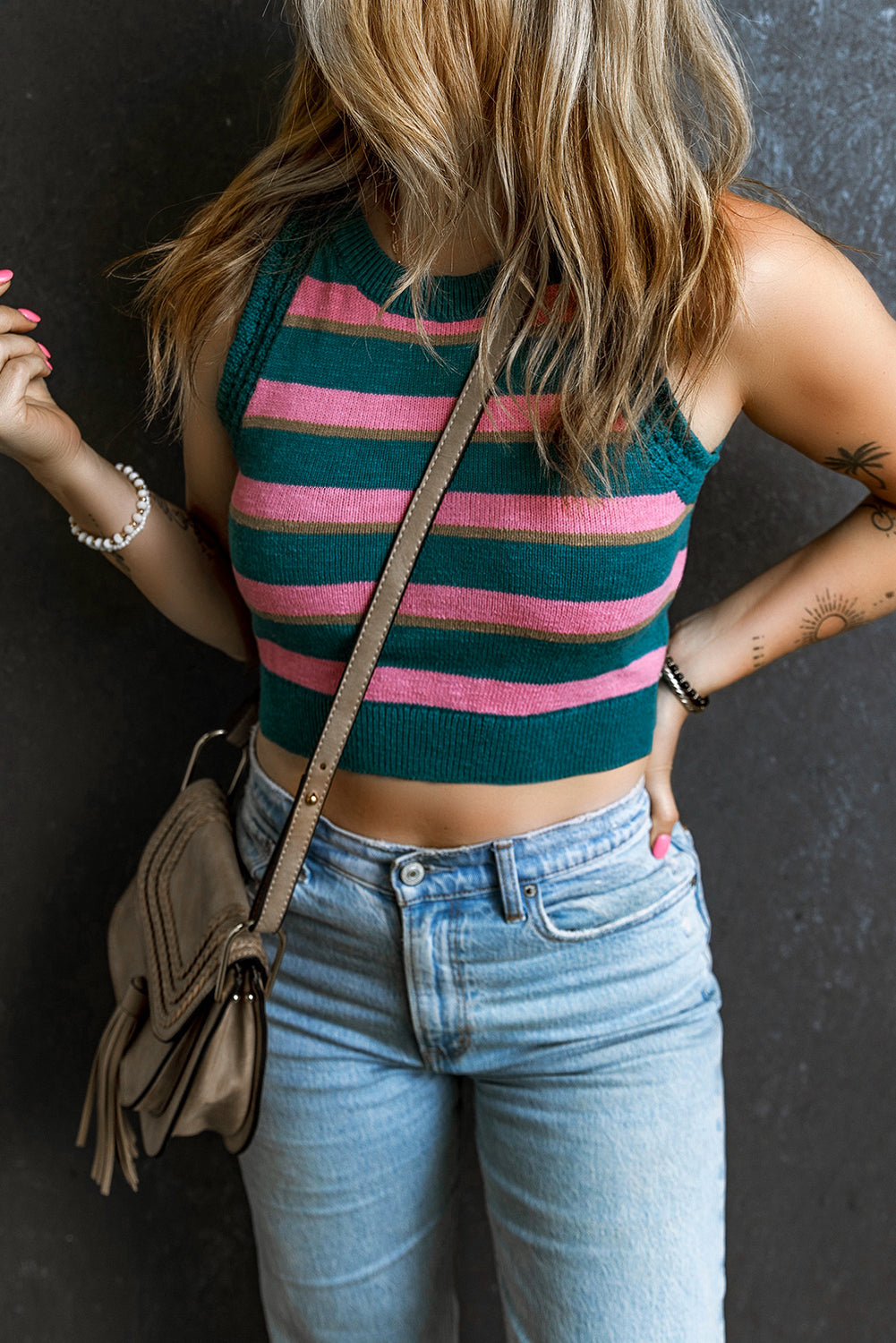 Pink Stripe Sleeveless Knit Cropped Sweater Top