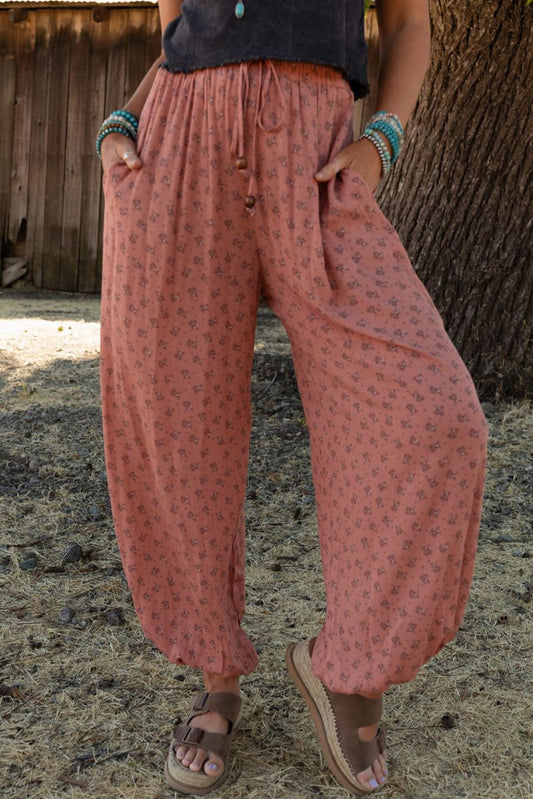 Pink Boho Floral Printed Wide Leg Jogger Pants