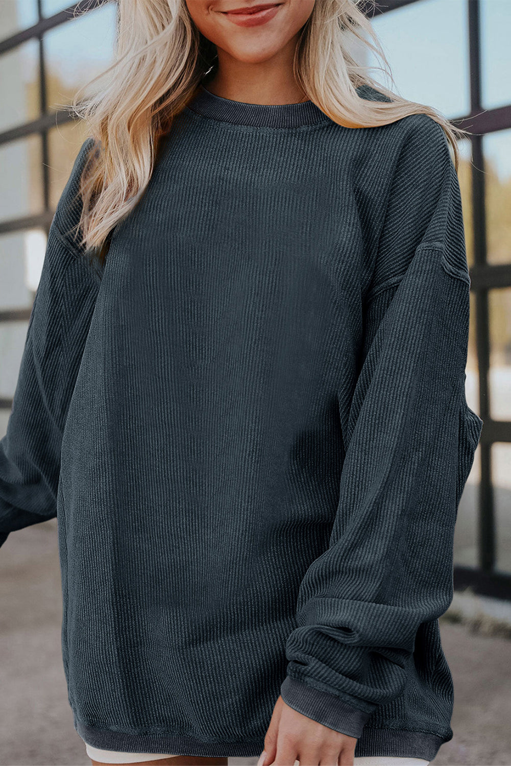 Dark Blue Ribbed Corduroy Oversized Sweatshirt