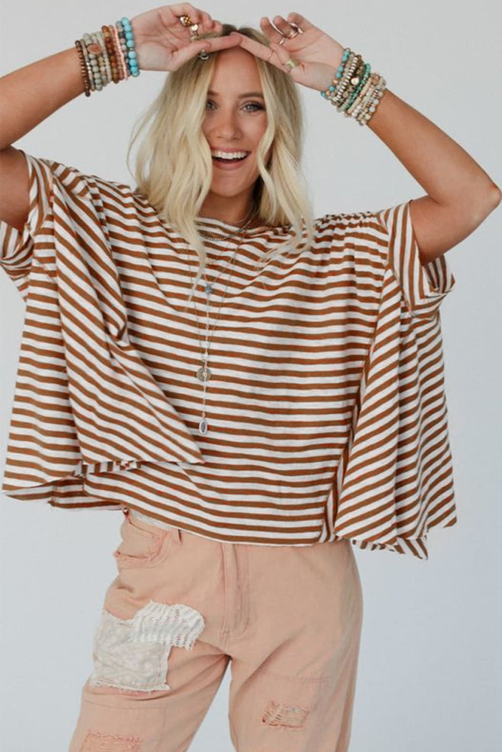 Khaki Stripe Batwing Sleeve Crewneck Oversized Top