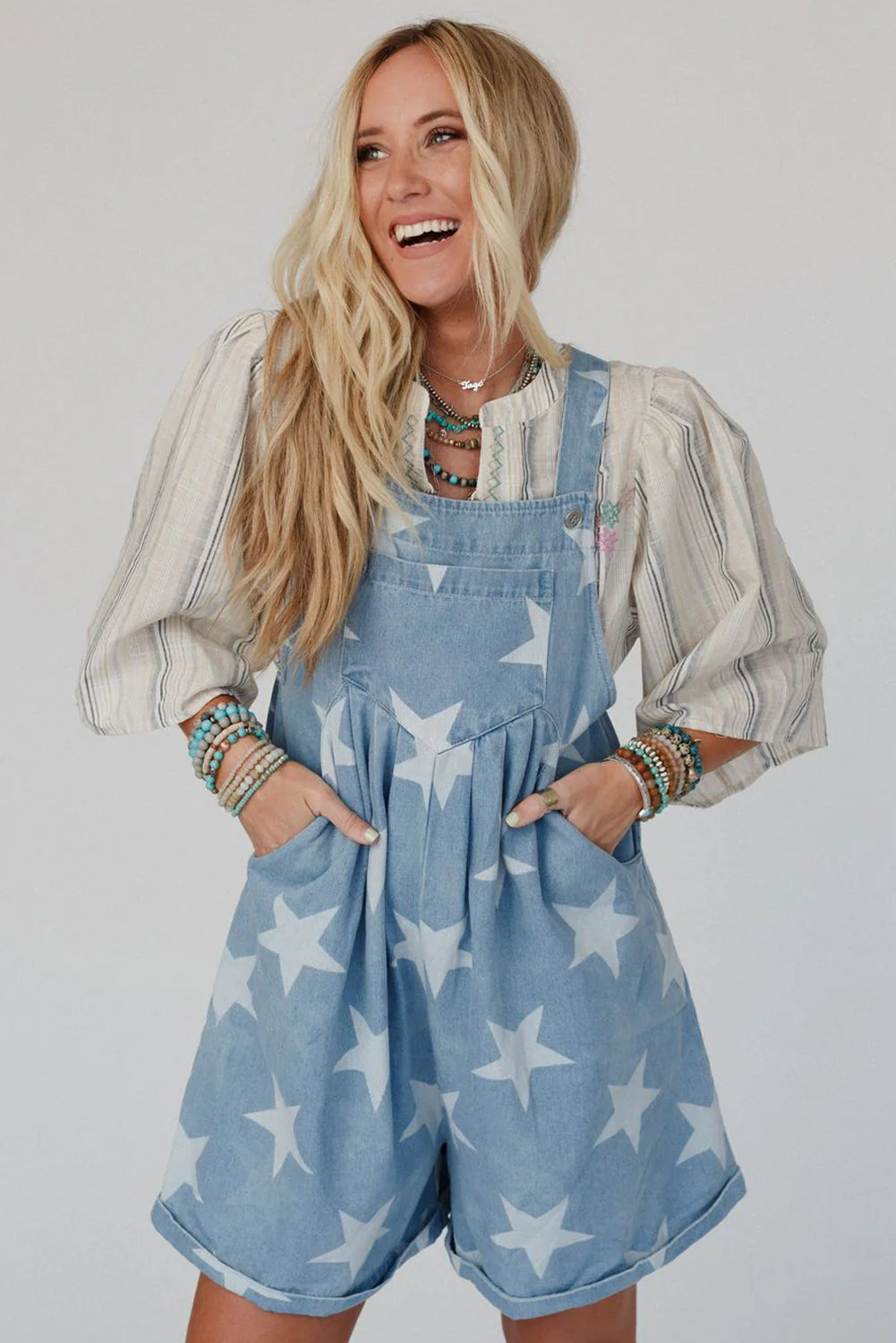 Light Blue Star Printed Buttoned Straps Pocketed Denim Romper