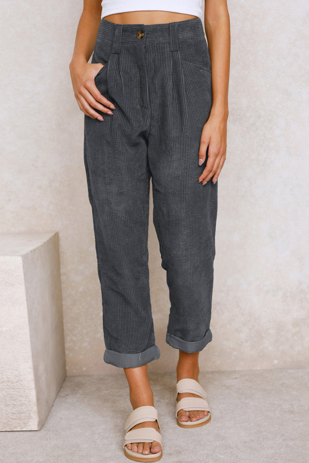 Gray Corduroy High Waist Straight Leg Pants