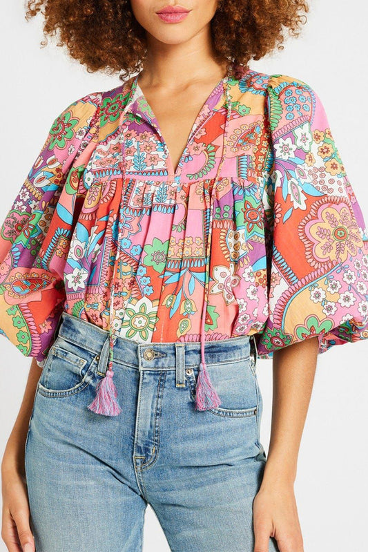 Multicolour Boho Floral Bubble Sleeve Tassel Tied Neck Pleated Blouse