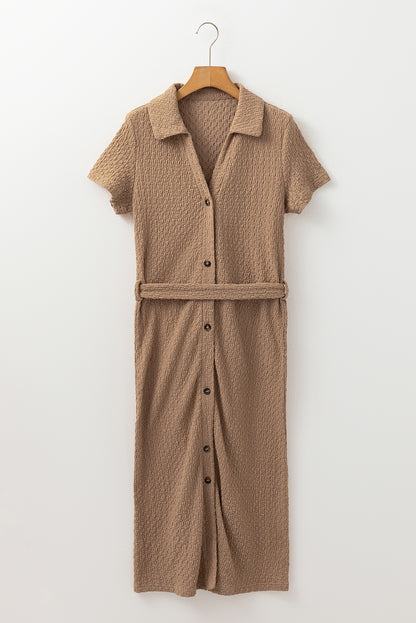 Buckskin Short Sleeve Textured Button Up Tie Waist Long Dress