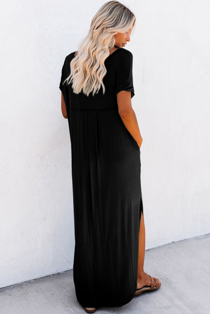 Pink V Neck Hidden Pocket Splits Maxi T-shirt Dress