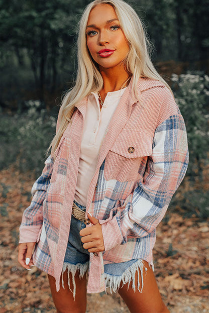 Light Pink Plaid Corduroy Patchwork Chest Pocket Shacket