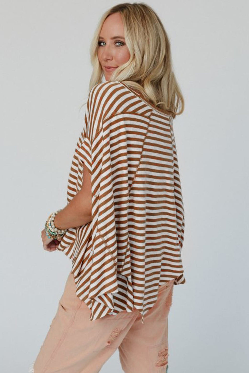 Khaki Stripe Batwing Sleeve Crewneck Oversized Top