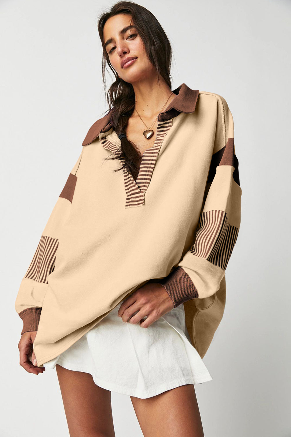 Black Striped Colorblock Patchwork Collar Sweatshirt