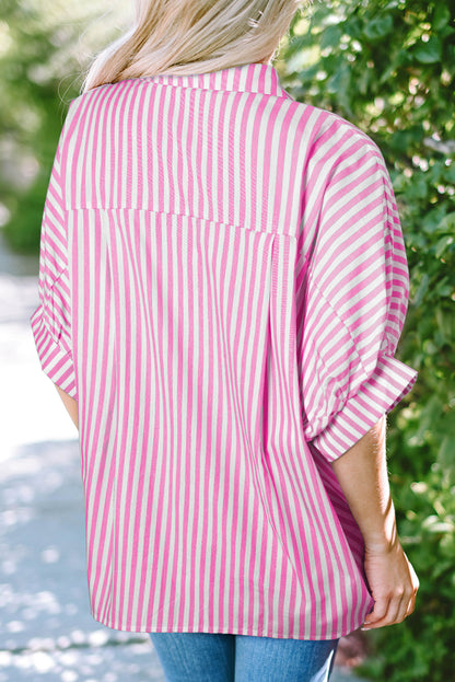 Pink Stripe Dolman Sleeve Oversize Shirt