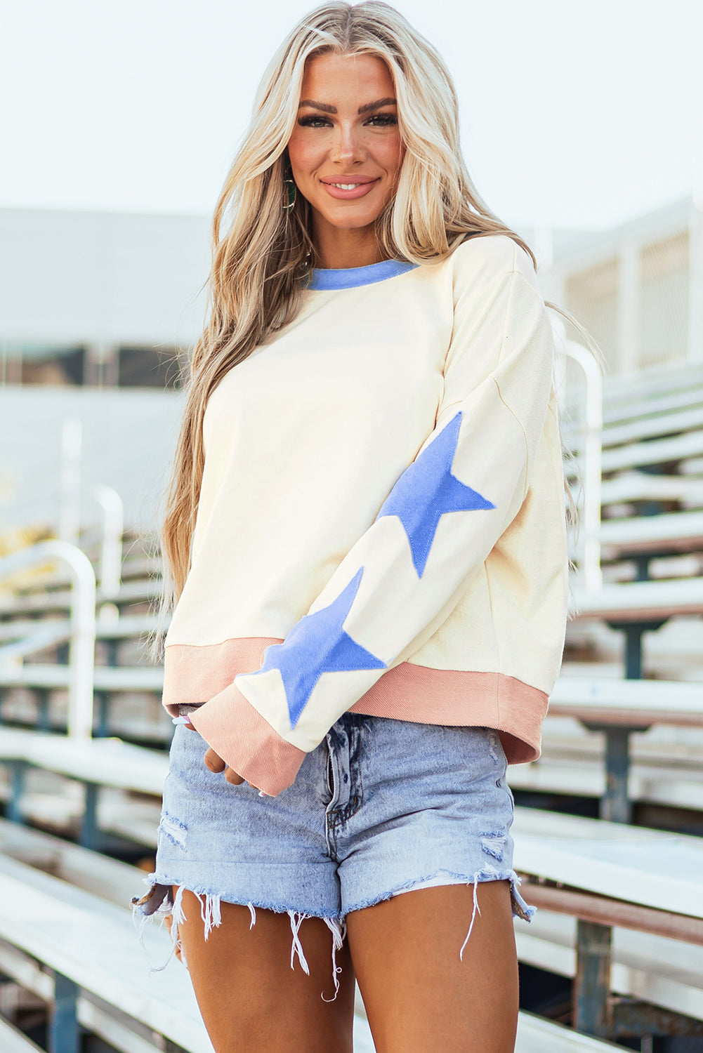 Beige Star Patchwork Exposed Seam Oversized Sweatshirt