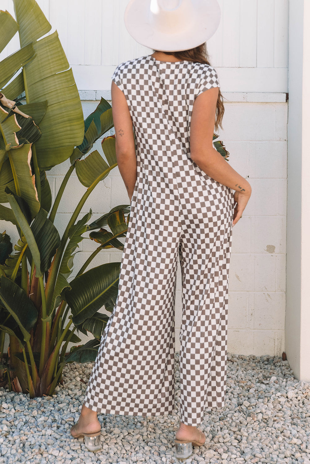 Khaki Checkered Print Buttoned Crew Neck Wide Leg Jumpsuit