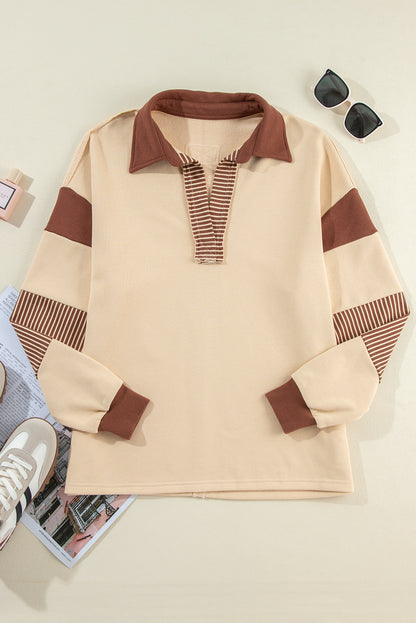 Black Striped Colorblock Patchwork Collar Sweatshirt