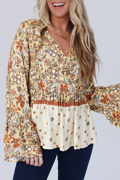 Yellow Printed Floral Bell Sleeve V Neck Wrapped Contrast Peplum Blouse