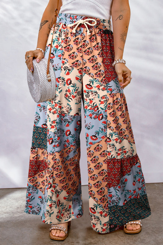 Yellow Boho Patchwork Print Drawstring Wide Leg Pants