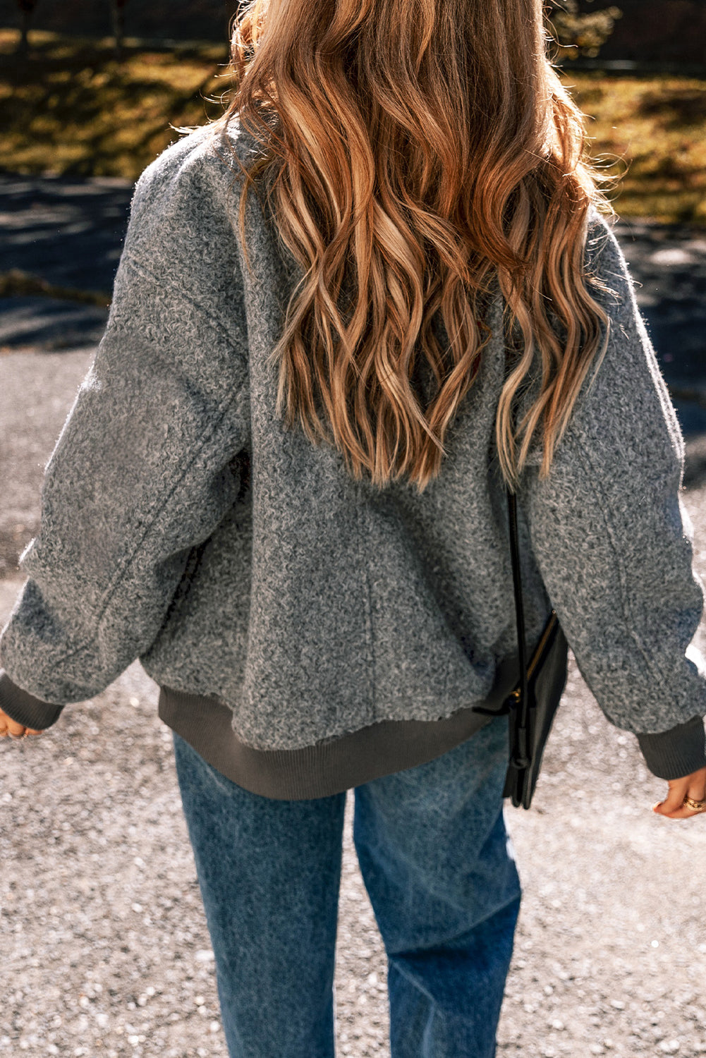 Medium Grey Fuzzy Zip Up Pocketed Sleeve Jacket