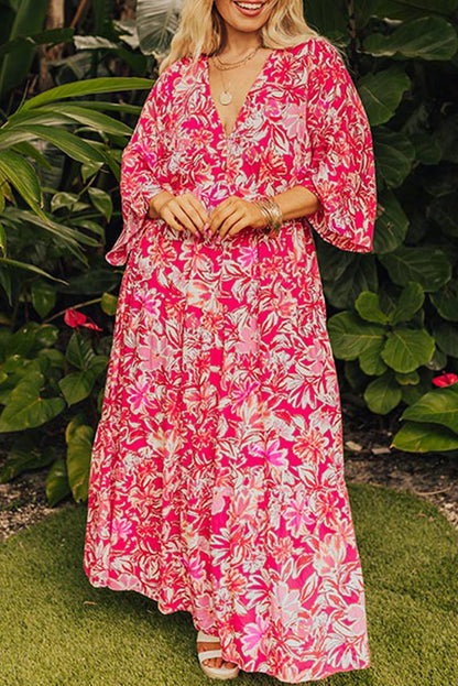 Rose Plus Size Floral V Neck Wide Sleeve Maxi Dress