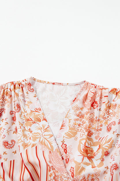 Orange Floral Print Ruffled Bell Sleeve V Neck Bodysuit