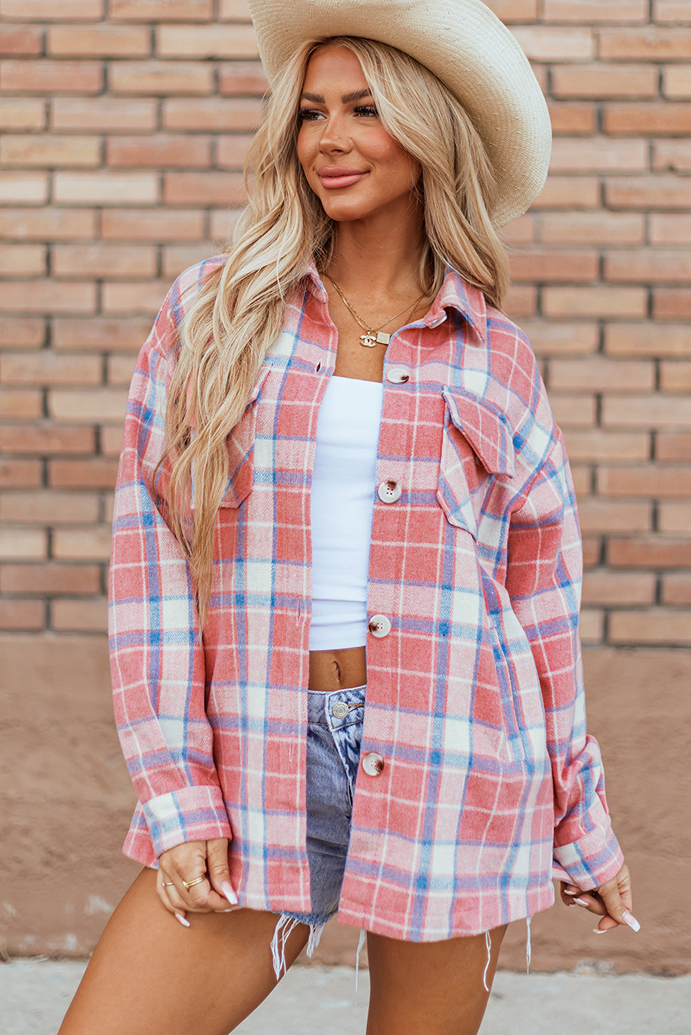 Pink Plaid Flap Pocket Button Up Shacket