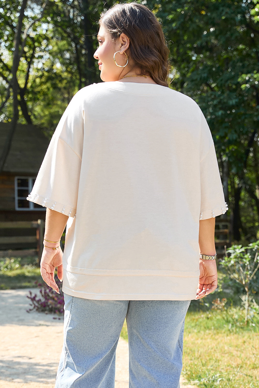 Beige Pearl Decor Crew Neck Half Sleeve Plus Size T Shirt