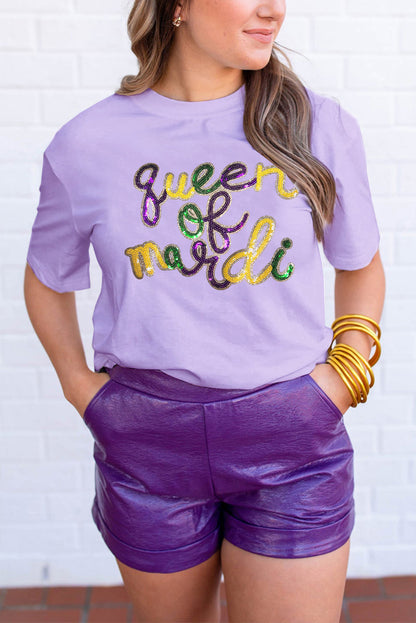 White queen of mardi Sequin Letter Graphic T Shirt