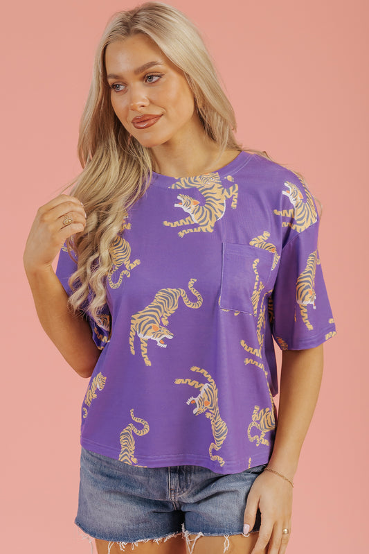 Purple Allover Tiger Printed Patch Pocket Loose T Shirt