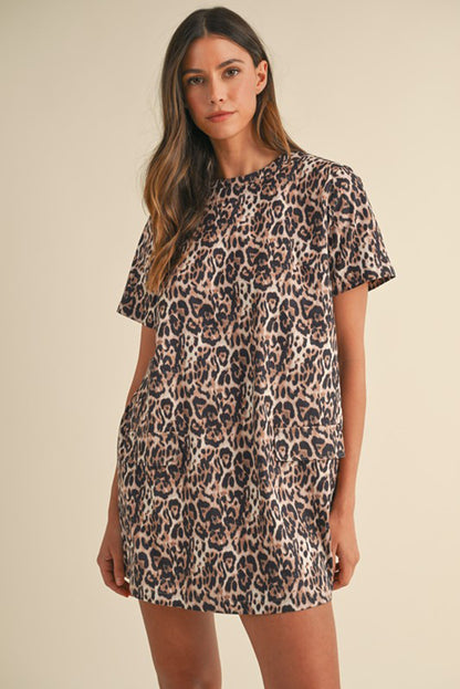 Brown Leopard Print Crew Neck Shift Short T Shirt Dress