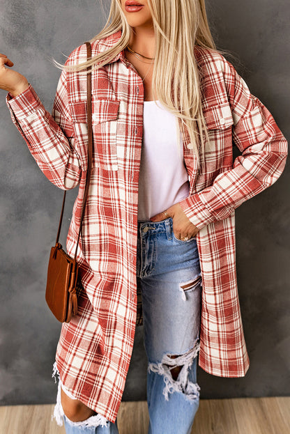 Fiery Red Plaid Print Button Long Shacket