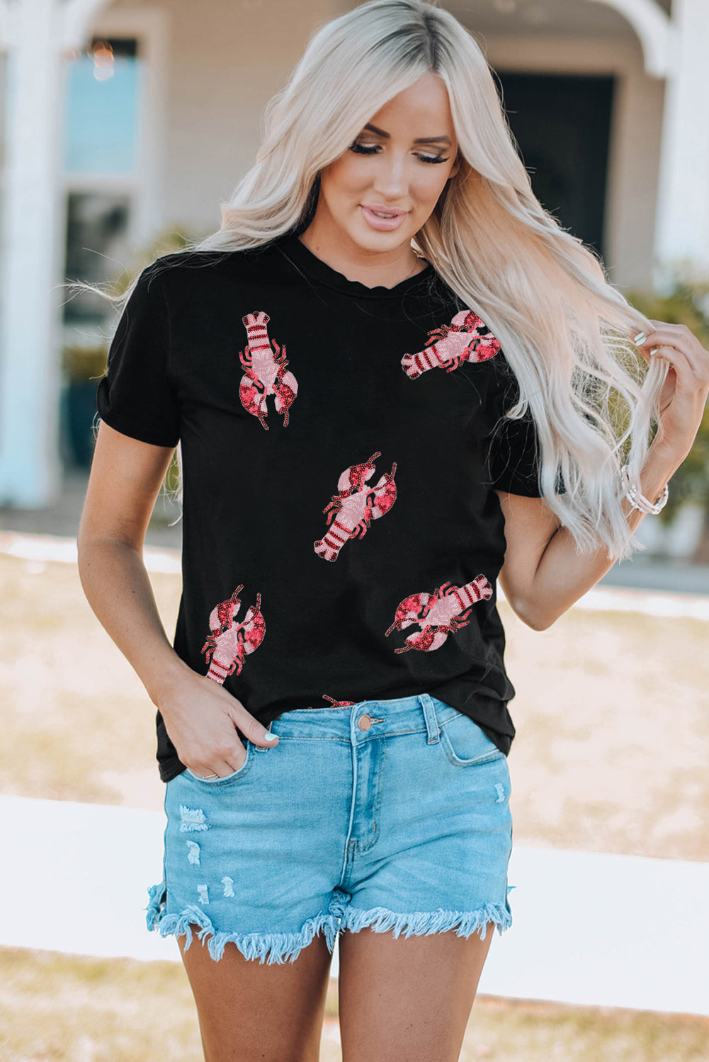 Black Sequined Crayfish Round Neck Graphic Tee