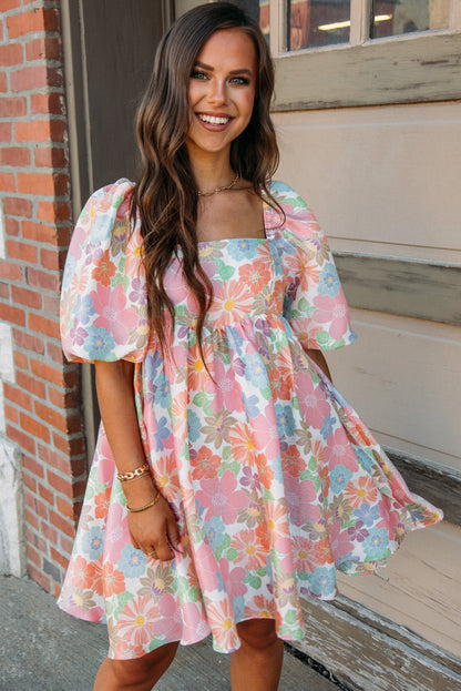 Rose Summer Floral Square Neck Puff Sleeve Babydoll Dress