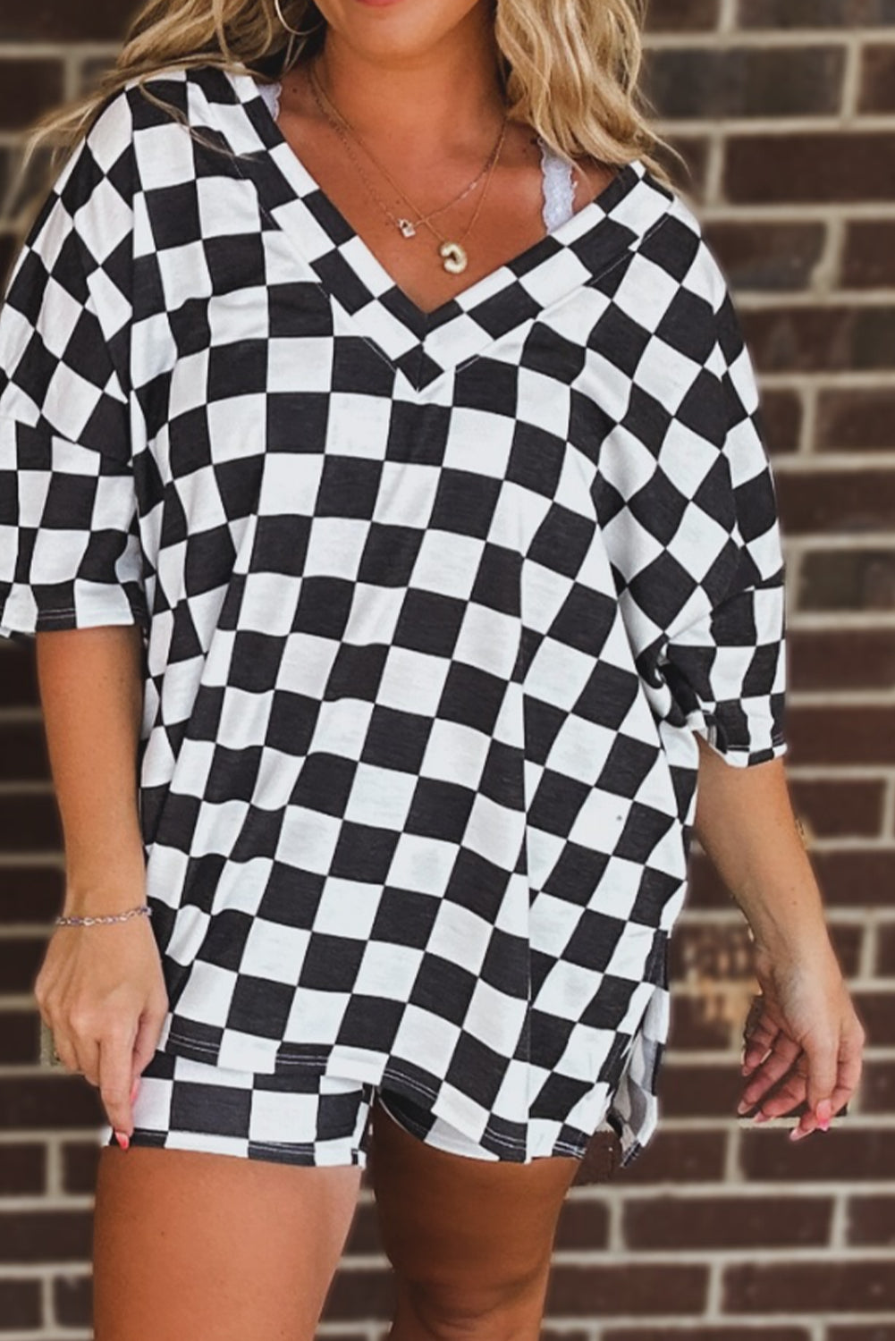 Black Checkered Pattern Tee and Shorts Plus Size Two Piece Set