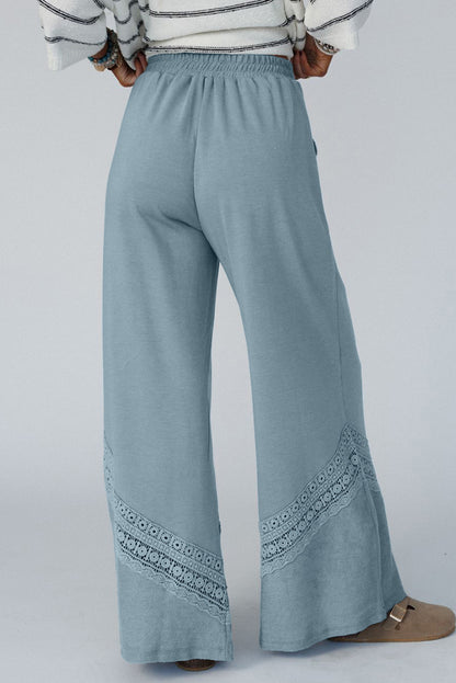 Dusk Blue Lace Crochet Patched Lace-up High Waist Wide Leg Pants