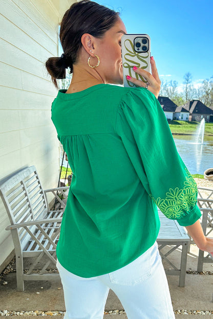 Green Contrast Floral Embroidered 3/4 Sleeve Notched V Neck Elegant Blouse